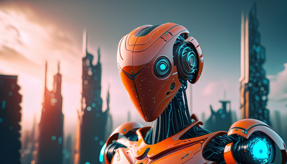Roboter vor futuristischer Stadt